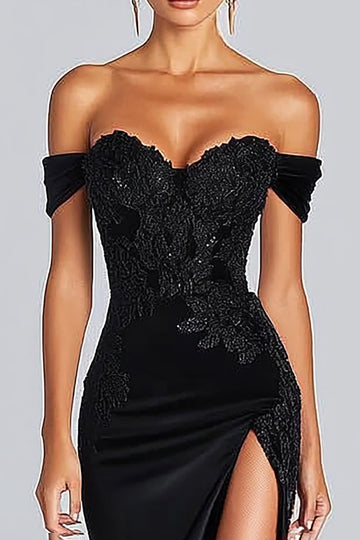 Svart Off The Shoulder Satin Mermaid Gala Klänning med slits